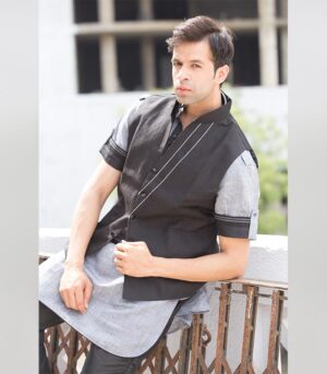Fancy Pattern Fancy Fabric Grey With Black Pathani Suit/Kurta