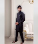 Unique Piping Fancy Fabric Black Pathani Suit/Kurta