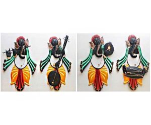 New Ganesha Musician (Green) Wrought Iron Handicraft Wall Hanging Showpiece