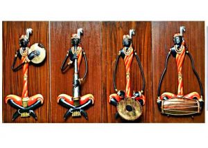 Aadivasi Female Musician (Wood Background) Set off 4 Wrought Iron Handicraft Wall Hanging Showpiece
