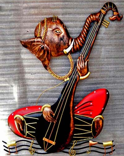 Shre Four Hand Ganesha Red Wrought Iron Handicraft Wall Hanging Showpiece