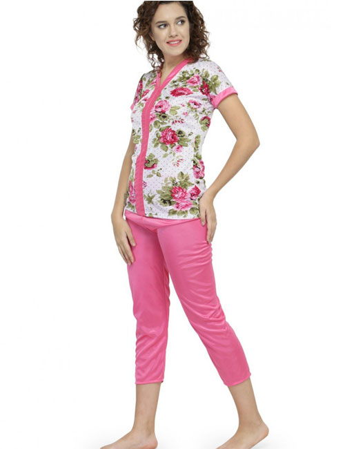 Pink Color Women Floral Print Pajama Set Nightwear