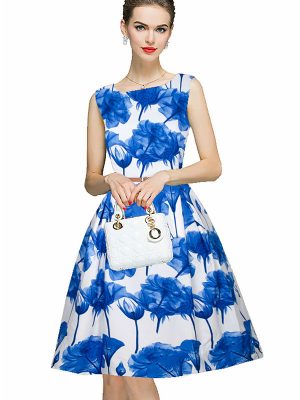 Exclusive Designer Blue Flower Print Dress