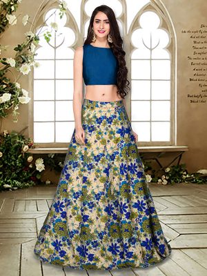 Blue Printed Banglory Silk Exclusive Designer Lehengas