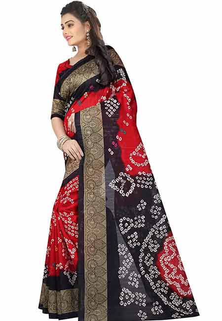 Red & Black Printed Bandhani Bhagalpuri Silk Sarees With Blouse