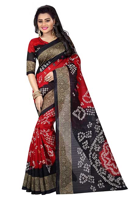 Red & Black Printed Bandhani Bhagalpuri Silk Sarees With Blouse