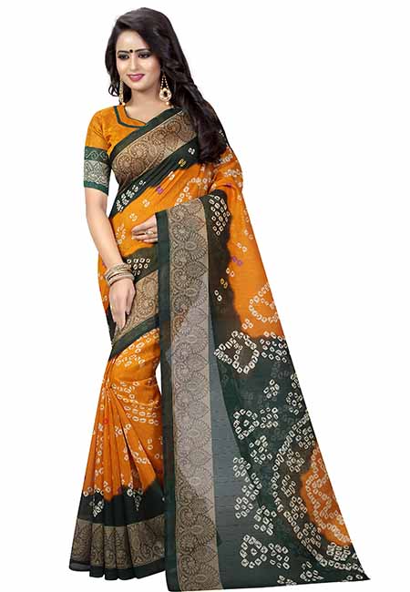 Yellow Printed Bandhani Bhagalpuri Silk Sarees With Blouse