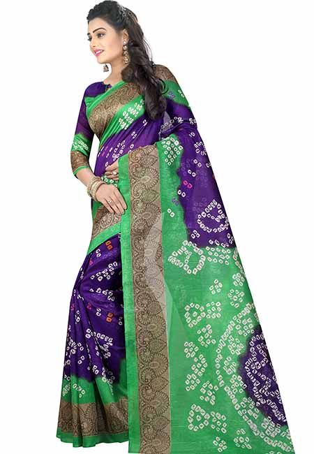 Blue Printed Bandhani Bhagalpuri Silk Sarees With Blouse