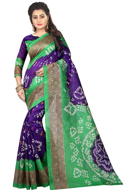 Blue Printed Bandhani Bhagalpuri Silk Sarees With Blouse