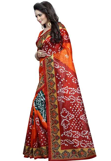 Multicolor Printed Bandhani Bhagalpuri Silk Sarees With Blouse