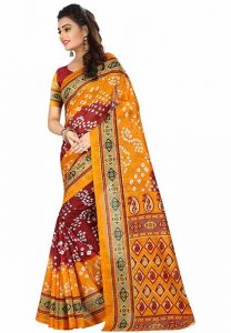 Yellow Printed Bandhani Bhagalpuri Silk Sarees With Blouse