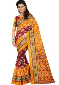 Yellow Printed Bandhani Bhagalpuri Silk Sarees With Blouse