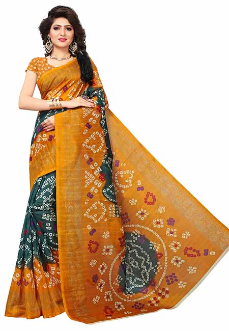 Yellow Printed Bandhani Bhagalpuri Silk Sarees With Blouse