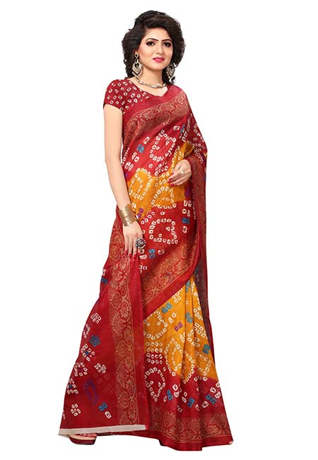 Red Printed Bandhani Bhagalpuri Silk Sarees With Blouse
