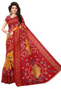 Red Printed Bandhani Bhagalpuri Silk Sarees With Blouse