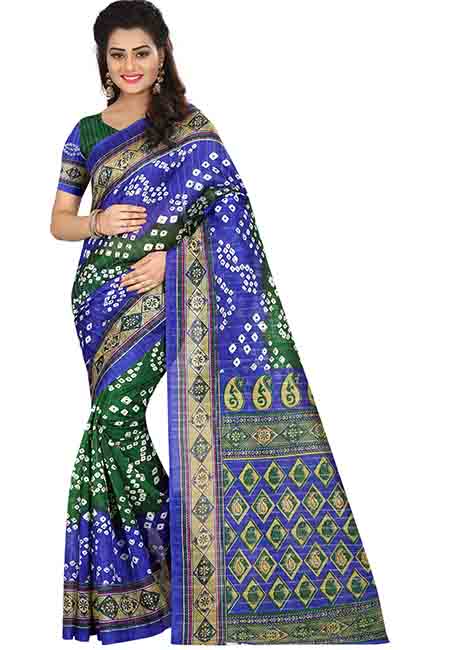 Blue Printed Bandhani Bhagalpuri Silk Sarees With Blouse