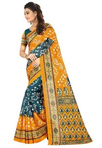 Yellow Printed Bandhani Bhagalpuri Silk Sarees With Blouse