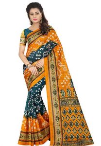 Yellow Printed Bandhani Bhagalpuri Silk Sarees With Blouse