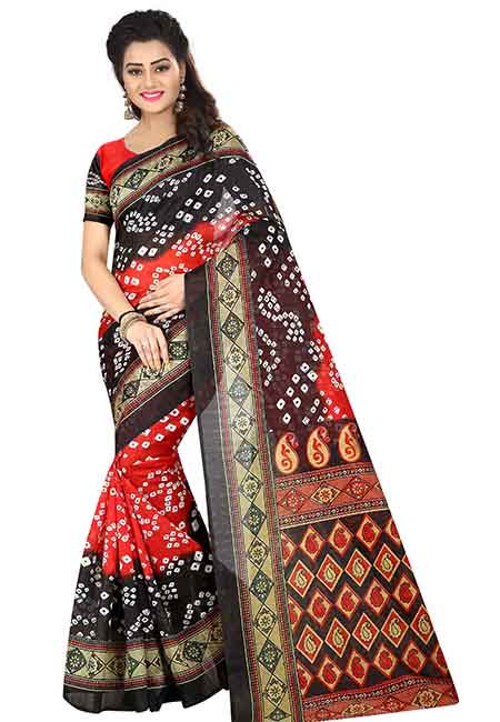 Red Printed Bandhani Bhagalpuri Silk Sarees With Blouse