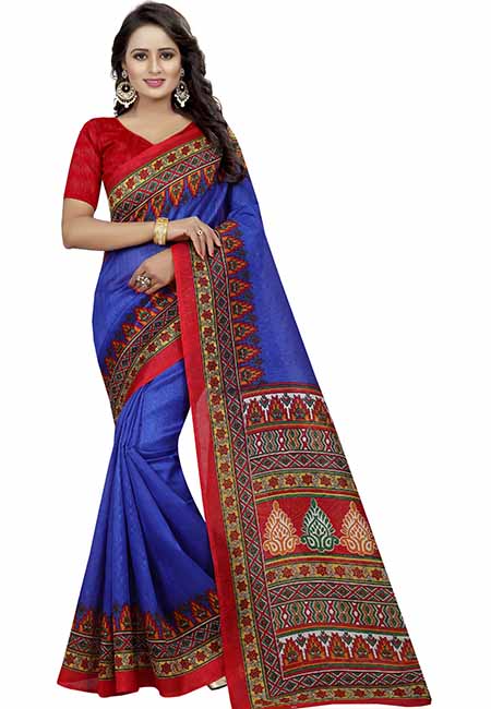Devdas Blue Printed Bhagalpuri Silk Sarees With Blouse