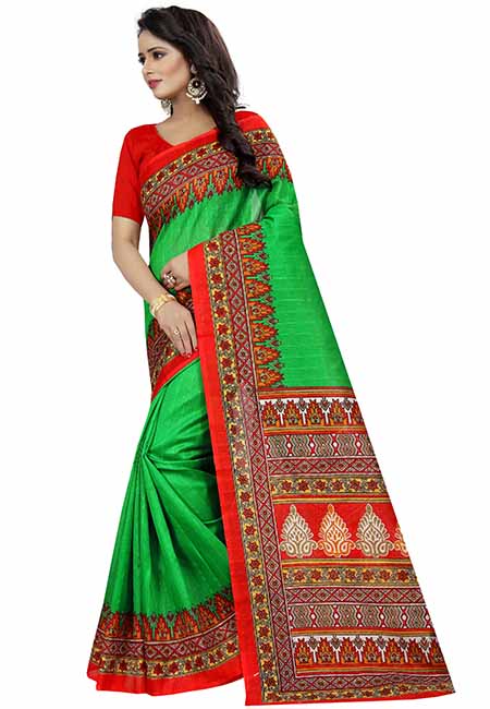 Devdas Green Printed Bhagalpuri Silk Sarees With Blouse