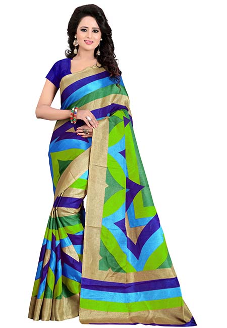 Manisha Blue Printed Bhagalpuri Silk Sarees With Blouse