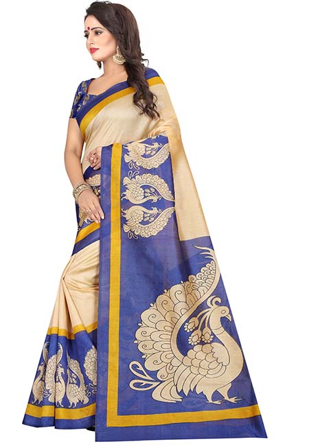 Nilkanth Blue Printed Bhagalpuri Silk Sarees With Blouse