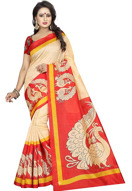 Nilkanth Red Printed Bhagalpuri Silk Sarees With Blouse