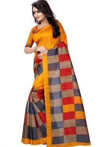 Orange Checks Printed Bhagalpuri Silk Sarees With Blouse