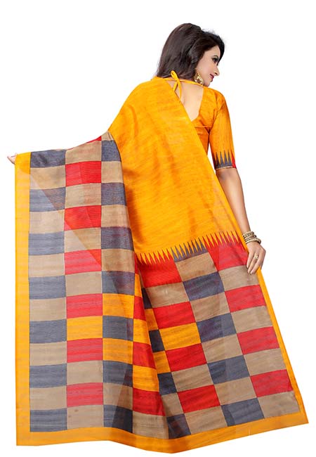 Orange Checks Printed Bhagalpuri Silk Sarees With Blouse