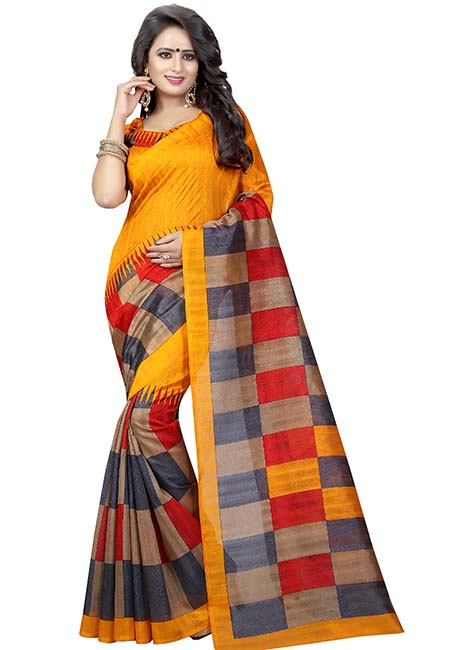 Orange Checks Printed Bhagalpuri Silk Sarees With Blouse