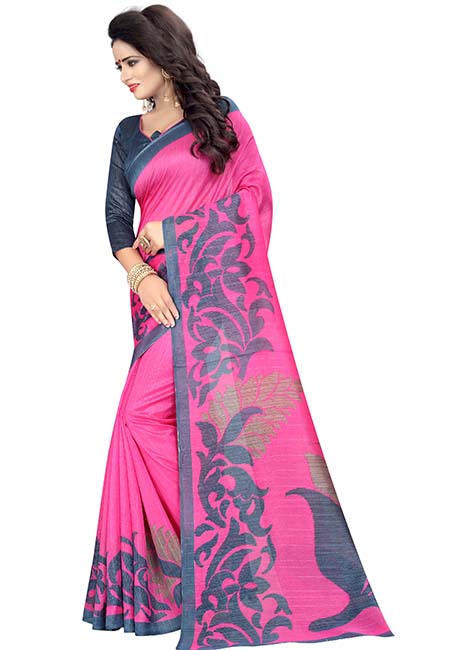 Pink & Grey Bhagalpuri Printed Bhagalpuri Silk Sarees With Blouse