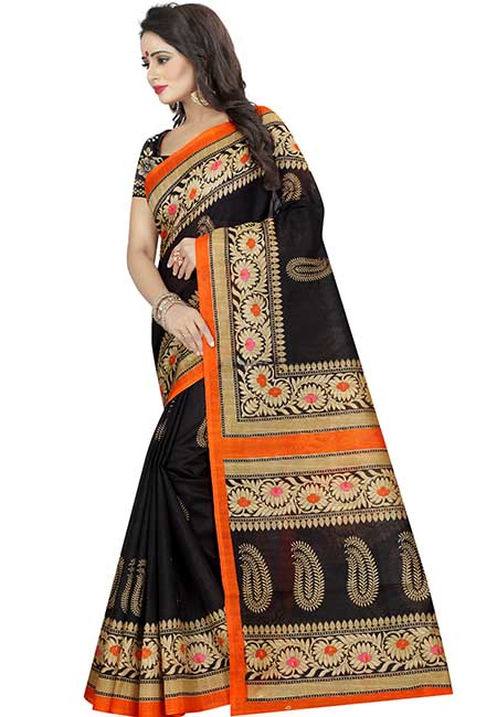 Sampurna Black Printed Bhagalpuri Silk Sarees With Blouse