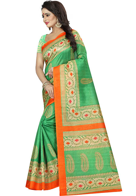 Sampurna Green Printed Bhagalpuri Silk Sarees With Blouse