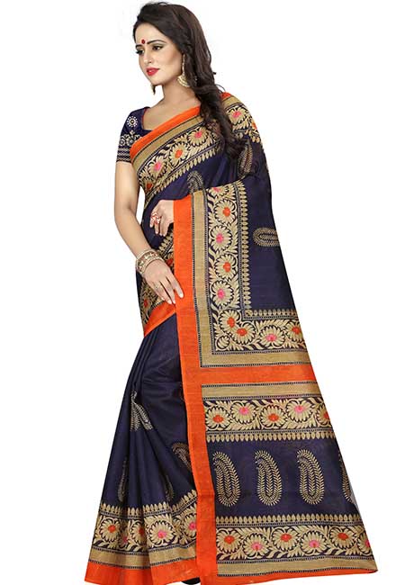 Sampurna Navy Printed Bhagalpuri Silk Sarees With Blouse