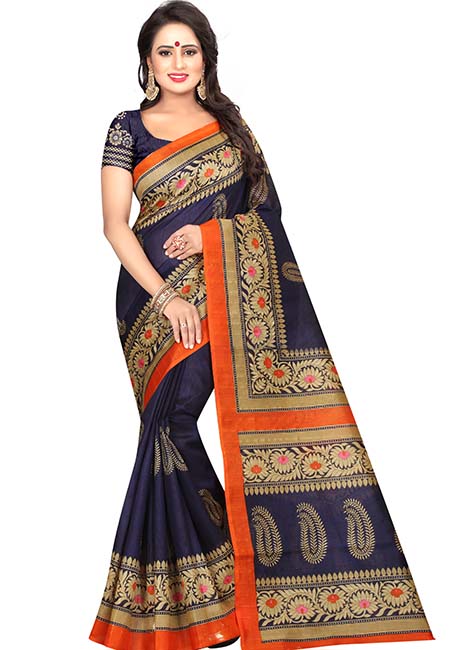 Sampurna Navy Printed Bhagalpuri Silk Sarees With Blouse