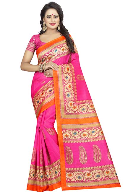 Sampurna Pink Printed Bhagalpuri Silk Sarees With Blouse