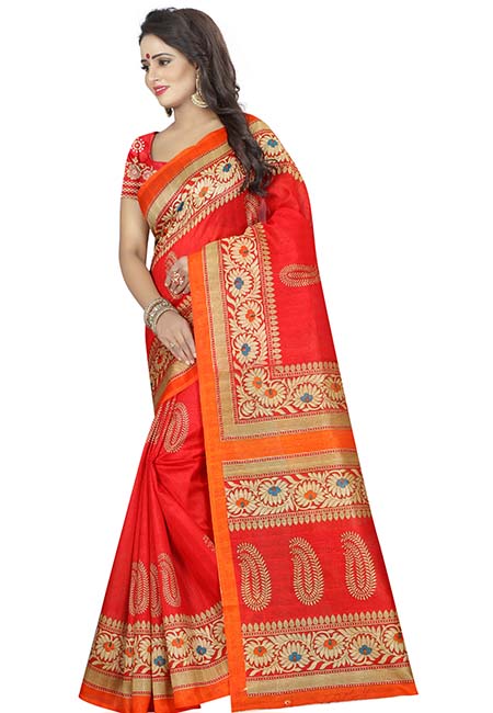 Sampurna Red Printed Bhagalpuri Silk Sarees With Blouse