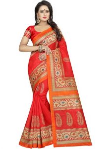 Sampurna Red Printed Bhagalpuri Silk Sarees With Blouse