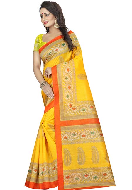 Sampurna Yellow Printed Bhagalpuri Silk Sarees With Blouse