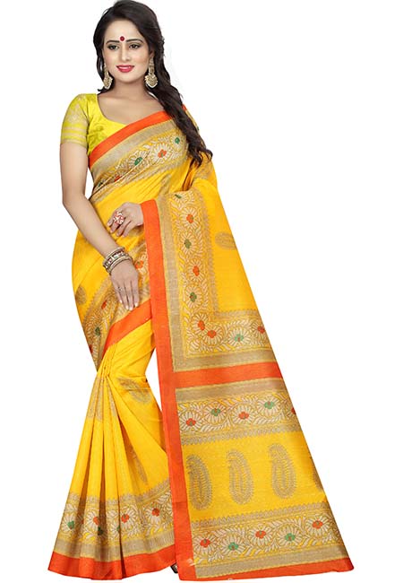 Sampurna Yellow Printed Bhagalpuri Silk Sarees With Blouse