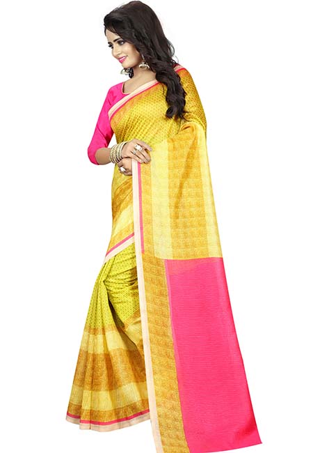 Yellow Printed German Silk Sarees With Blouse