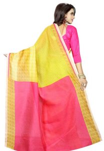 Yellow Printed German Silk Sarees With Blouse