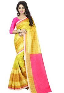 Yellow Printed German Silk Sarees With Blouse