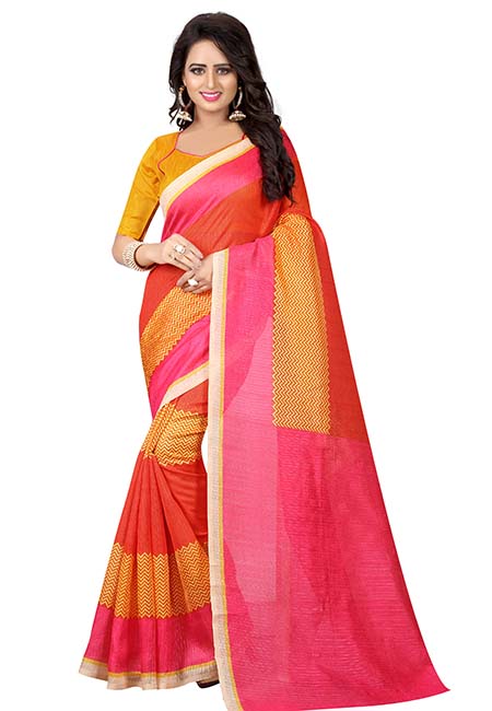 Orange Printed German Silk Sarees With Blouse