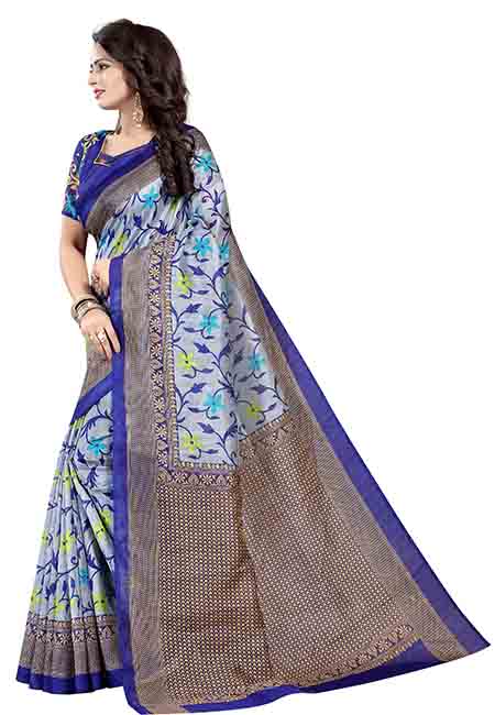Swati Blue Printed Bhagalpuri Silk Sarees With Blouse