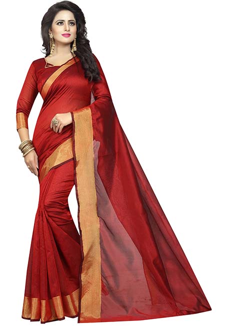 Monika Red Ns Weaving Cotton Silk Sarees With Blouse