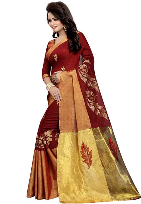 Ak Red Embroidered Cotton Polyester Silk Sarees With Blouse