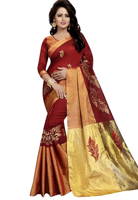 Ak Red Embroidered Cotton Polyester Silk Sarees With Blouse