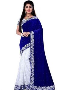 Chandni Blue Embroidered Lycra & Brasso Sarees With Blouse